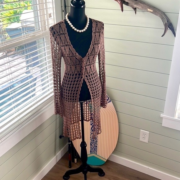 VTG Bette Paige,Crochet Long Duster in Walnut, Cardigan,Boho,Rare, EUC, Size L - Picture 10 of 14